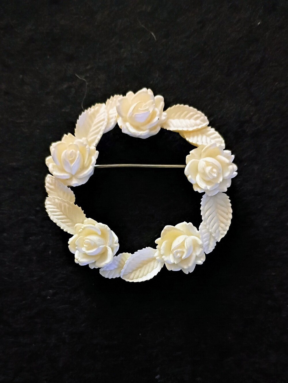 White rose wreath brooch with leaves